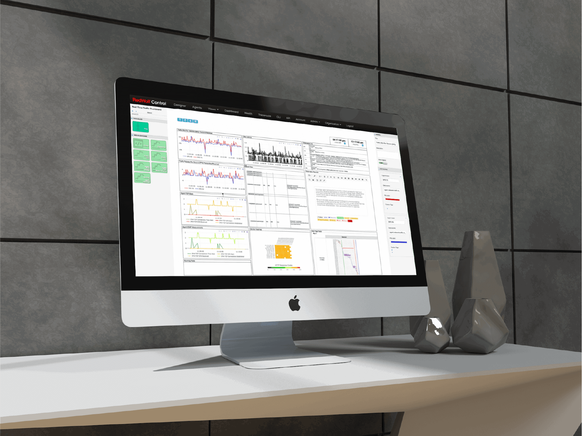 Desktop monitor displaying the complex RedHat Control dashboard with charts and technical data.