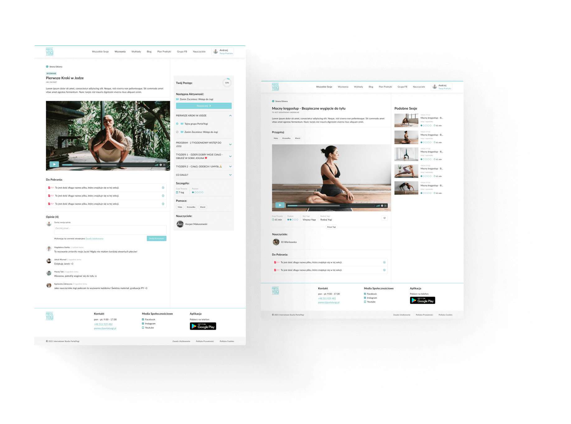 Comparison view of a yoga platform web app showing session details, video player, progress tracking, and recommended classes in a clean UI.