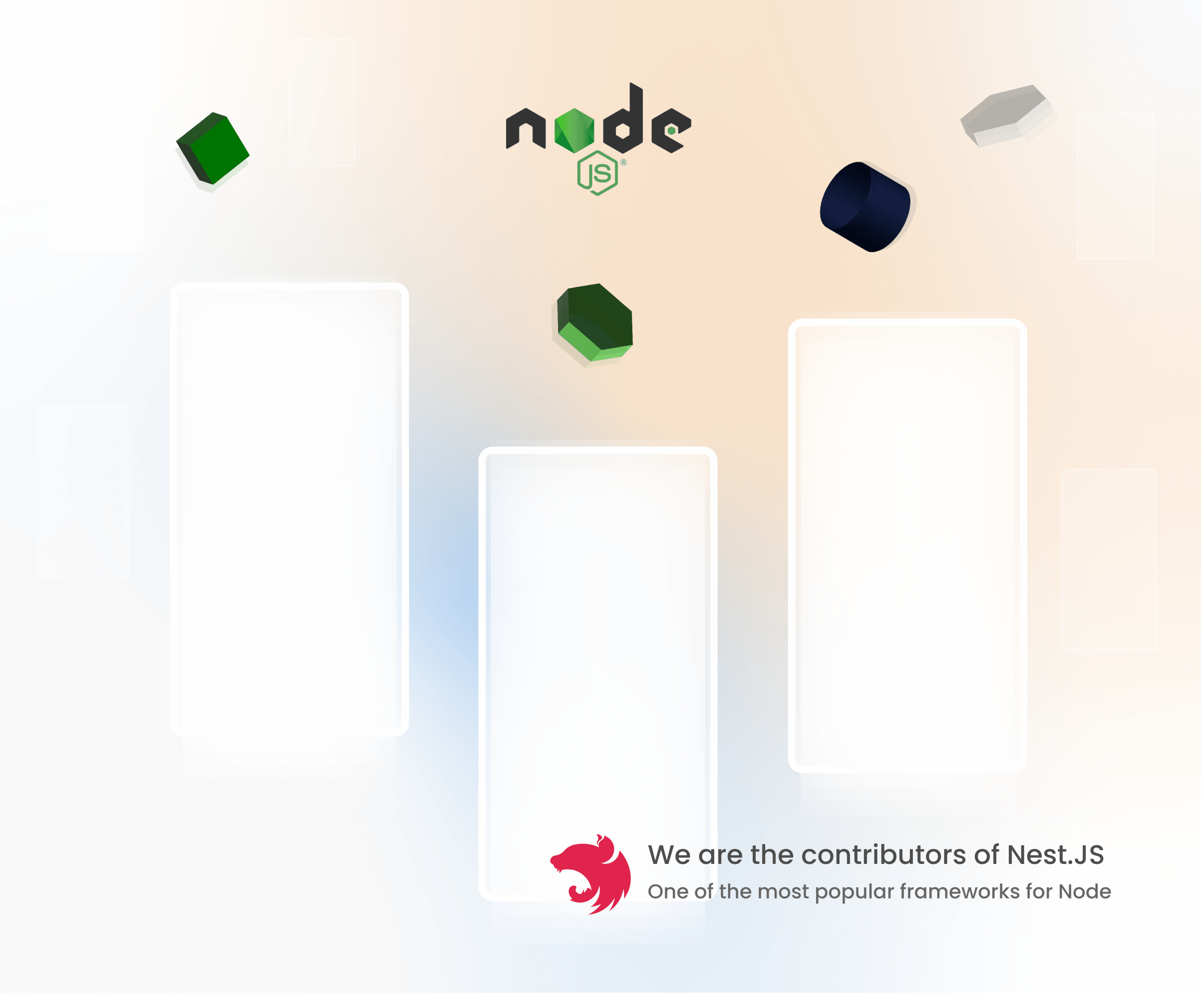 Node.js illustration with NestJS reference, floating geometric shapes, modern backend development concept, JavaScript framework, scalable server architecture.