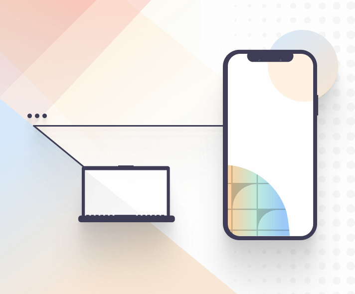 Responsive web design illustration showing laptop and smartphone connected, cross-device compatibility and UI layout concept.