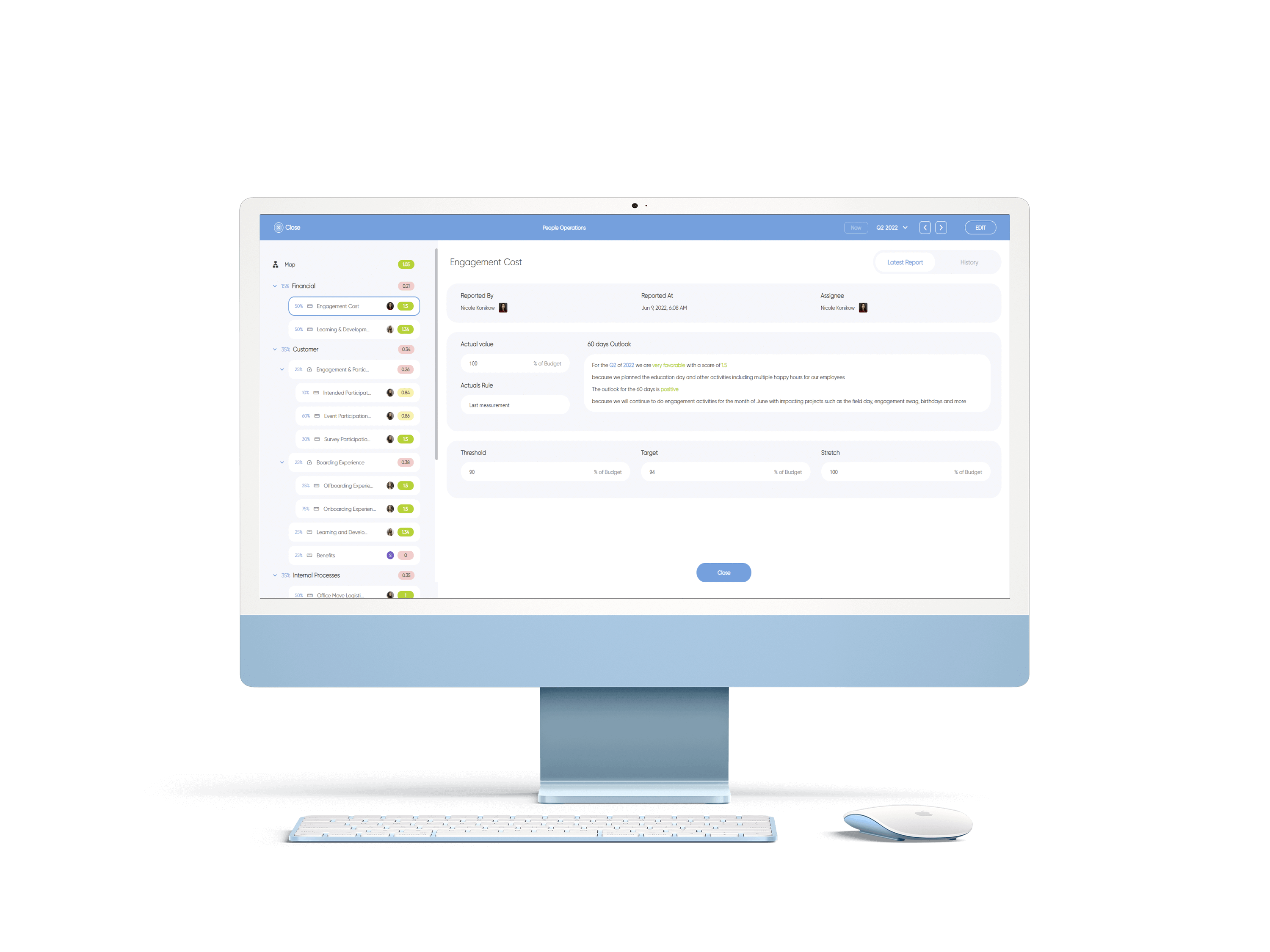 Desktop computer displaying people operations analytics dashboard with engagement cost report, KPIs, and organizational performance metrics.