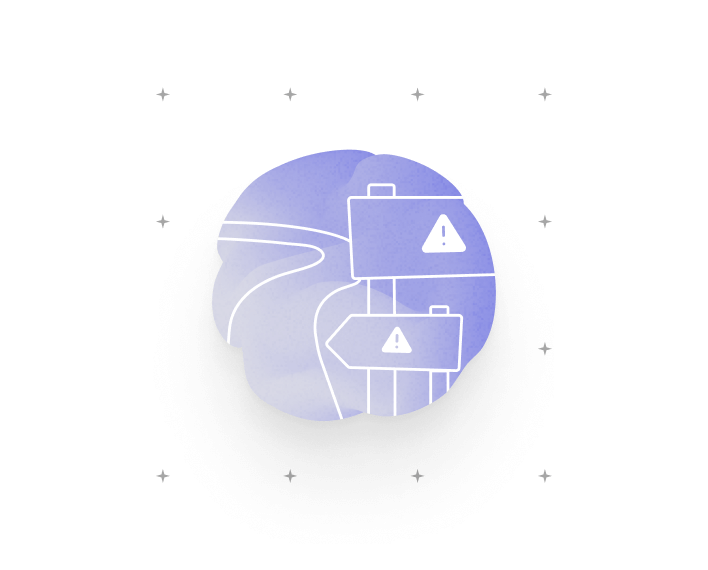 Purple abstract illustration with road signs and warning icons, symbolizing challenges, decision paths, and risk management.