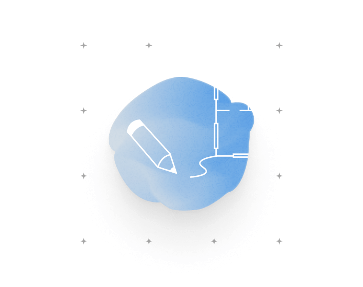 “Blue abstract shape with pencil and blueprint-style lines.”