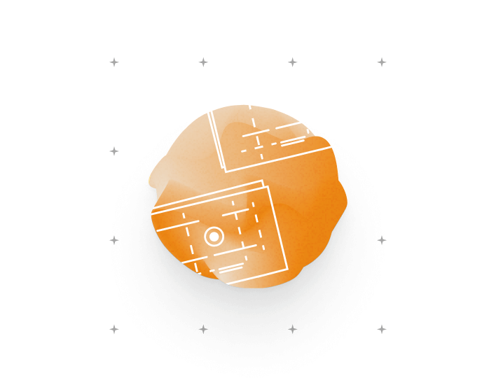 Abstract orange graphic featuring white blueprint-style floor plan lines on a clean background.
