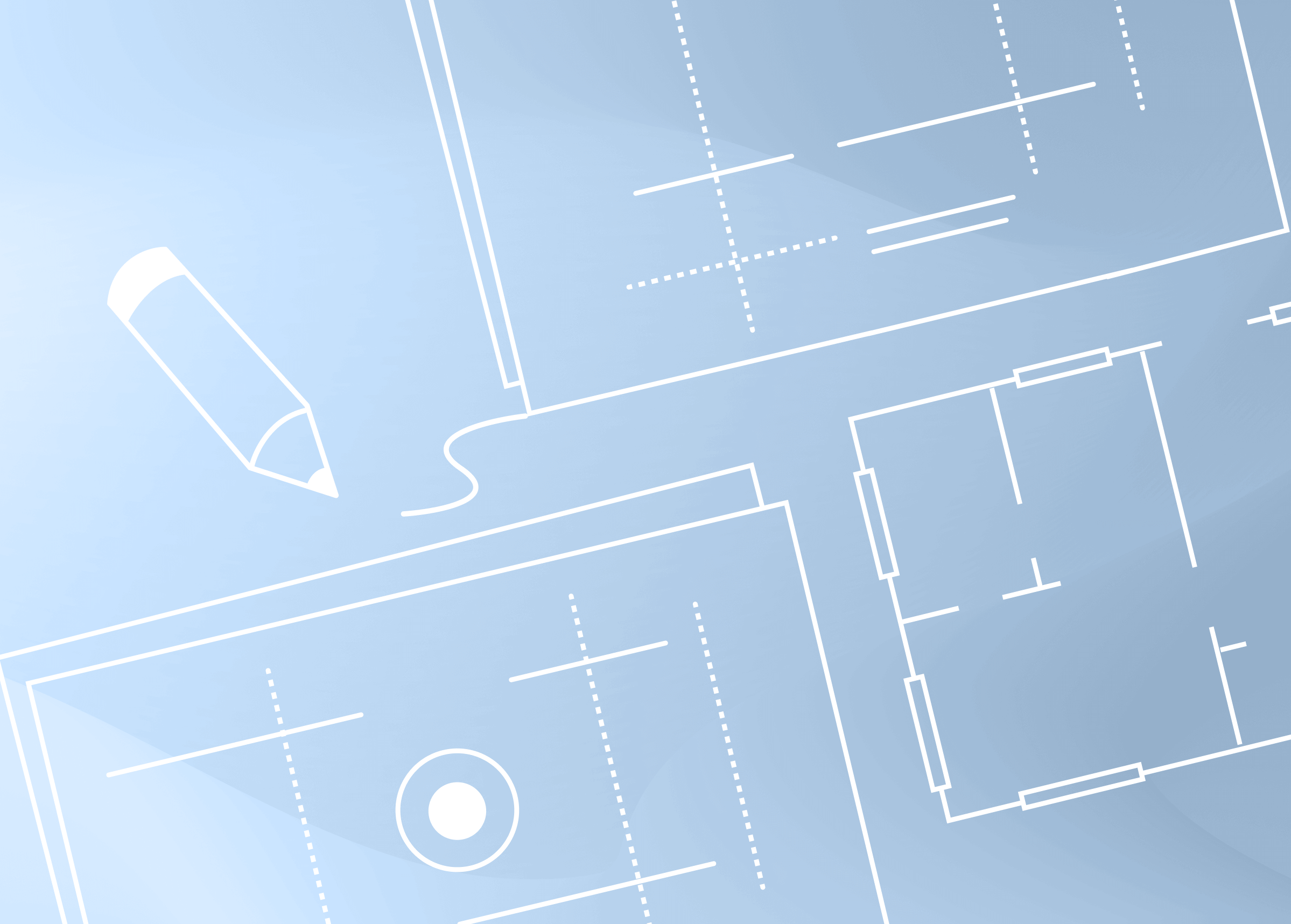 Minimalist blueprint-style illustration showing architectural floor plans and a pencil on a soft blue background, symbolizing design and planning.