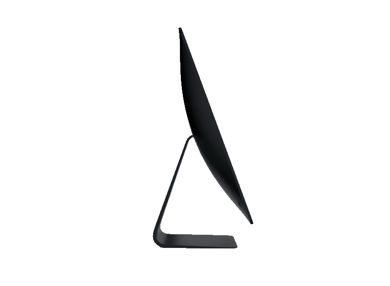 a slim black desktop monitor with a minimalist stand on a white background.