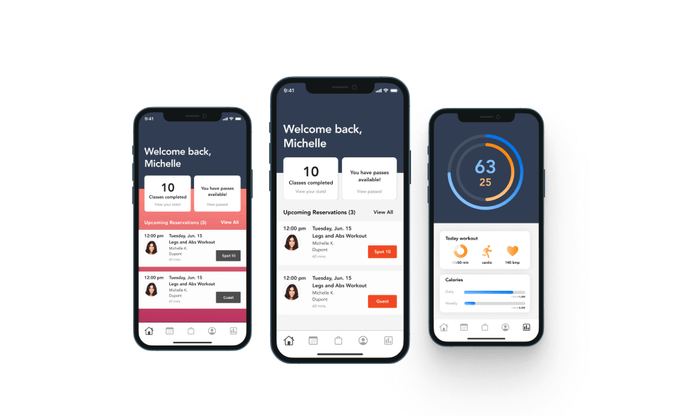 Three mobile fitness app screens showing a personalized dashboard with completed classes, upcoming reservations, and daily activity stats.