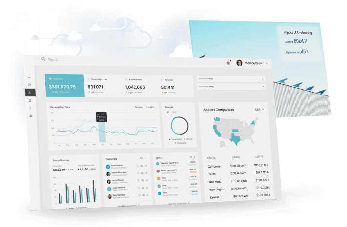 Energy analytics dashboard showing consumption charts, state comparisons, customer data, and AI-driven optimization insights.