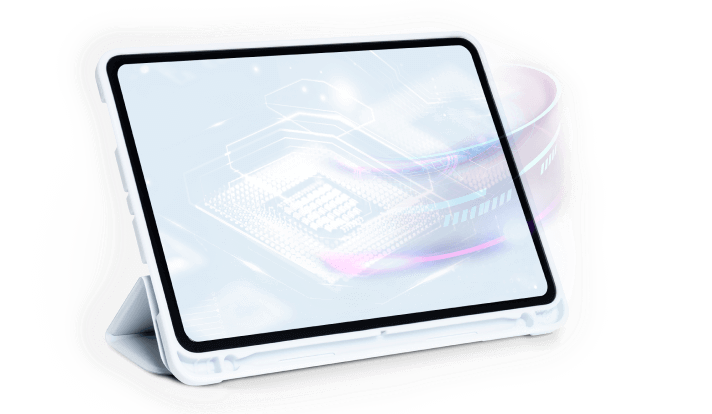 Tablet on a stand displaying a glowing digital circuit graphic.