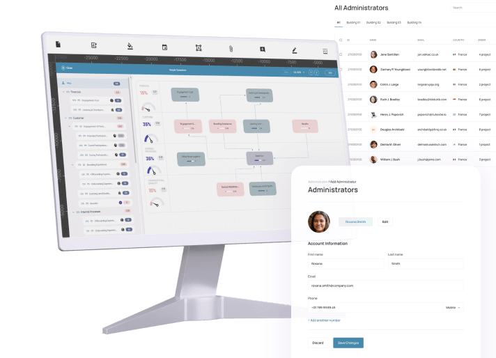 Desktop screen showing workflow management software with user administration panels and a list of administrators.