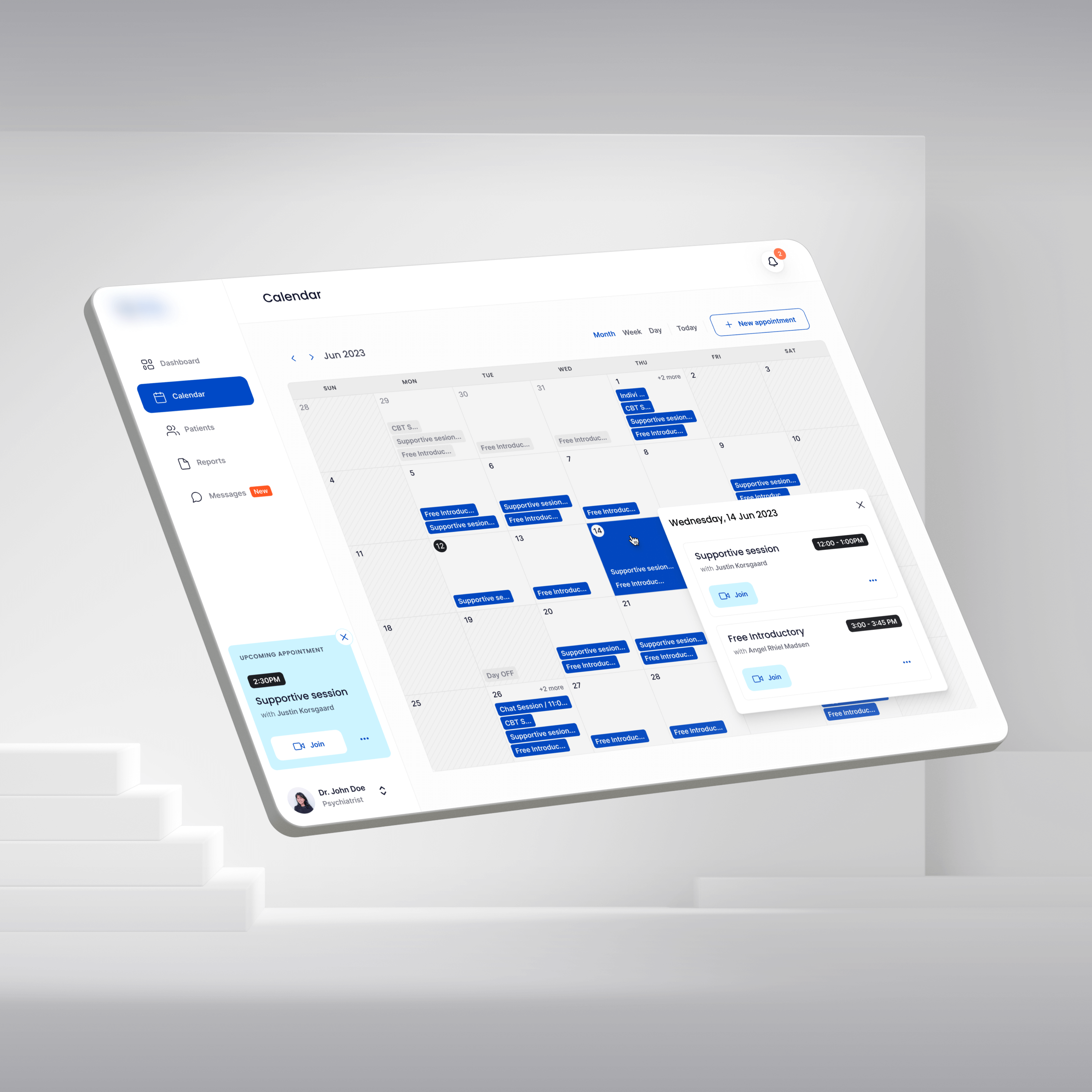 Digital calendar interface showing scheduled therapy sessions and appointments for June in a clinical practice management system.