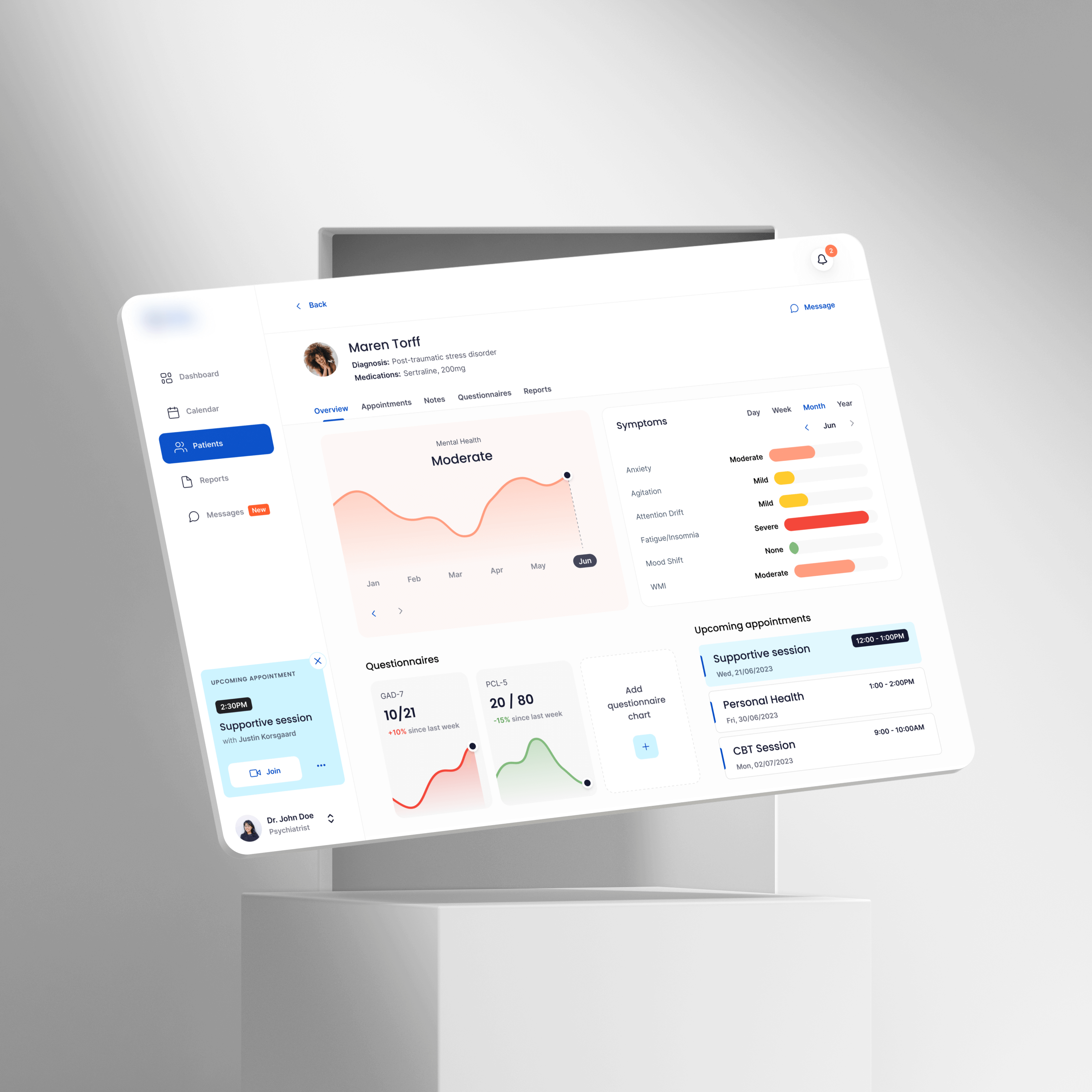 Digital patient dashboard showing mental-health trends, symptom tracking, questionnaires, and upcoming therapy appointments.