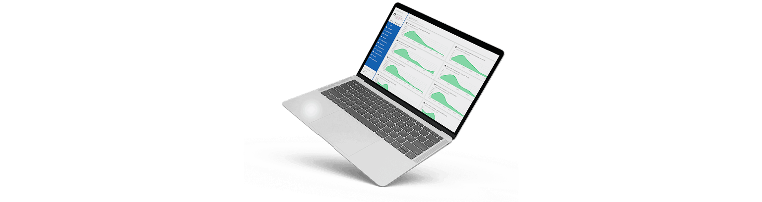 Open laptop displaying analytical dashboard with performance charts on a transparent background.