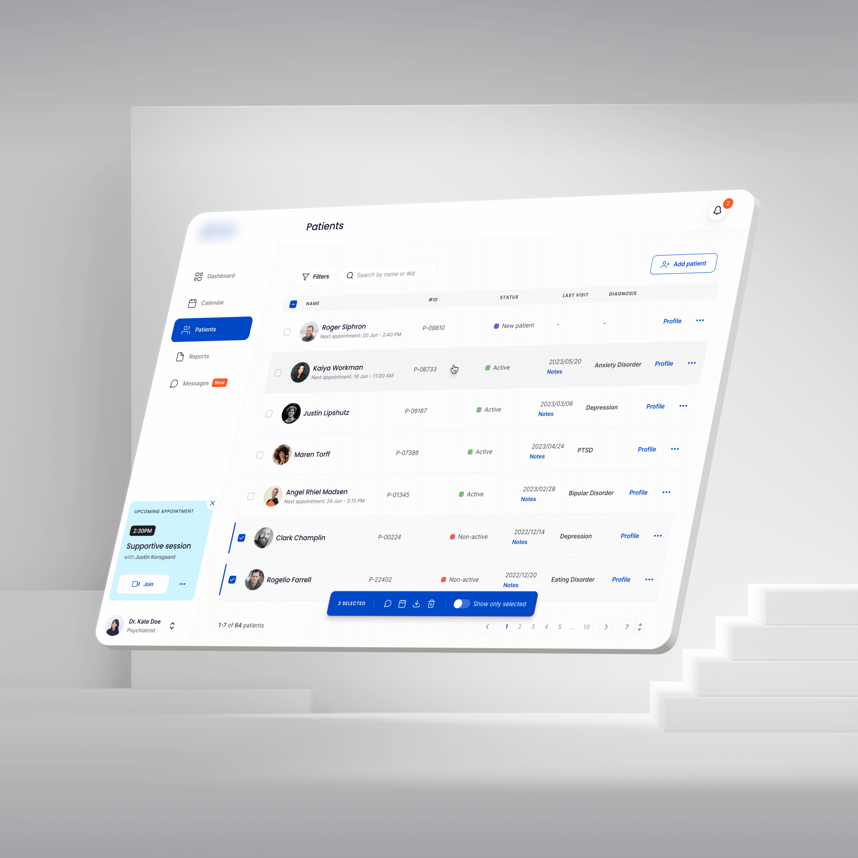 Patient management dashboard listing client records, visit details, statuses, and diagnoses in a healthcare practice system.