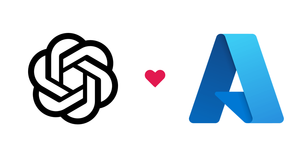 This image shows the OpenAI logo on the left and the Microsoft Azure logo on the right, with a red heart between them — symbolizing partnership or collaboration.