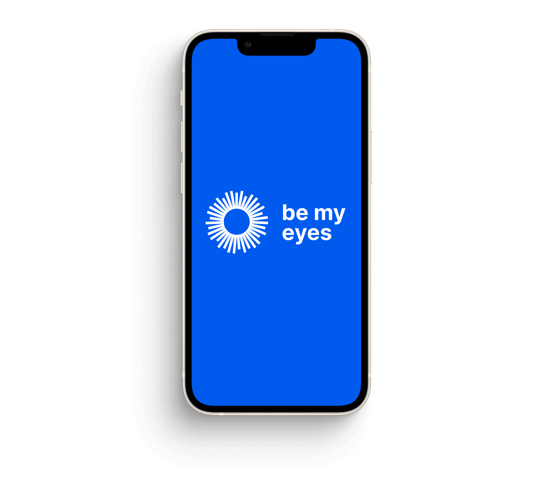 Phone showing Be My Eyes logo on blue screen, viewed at an angle with soft shadow.