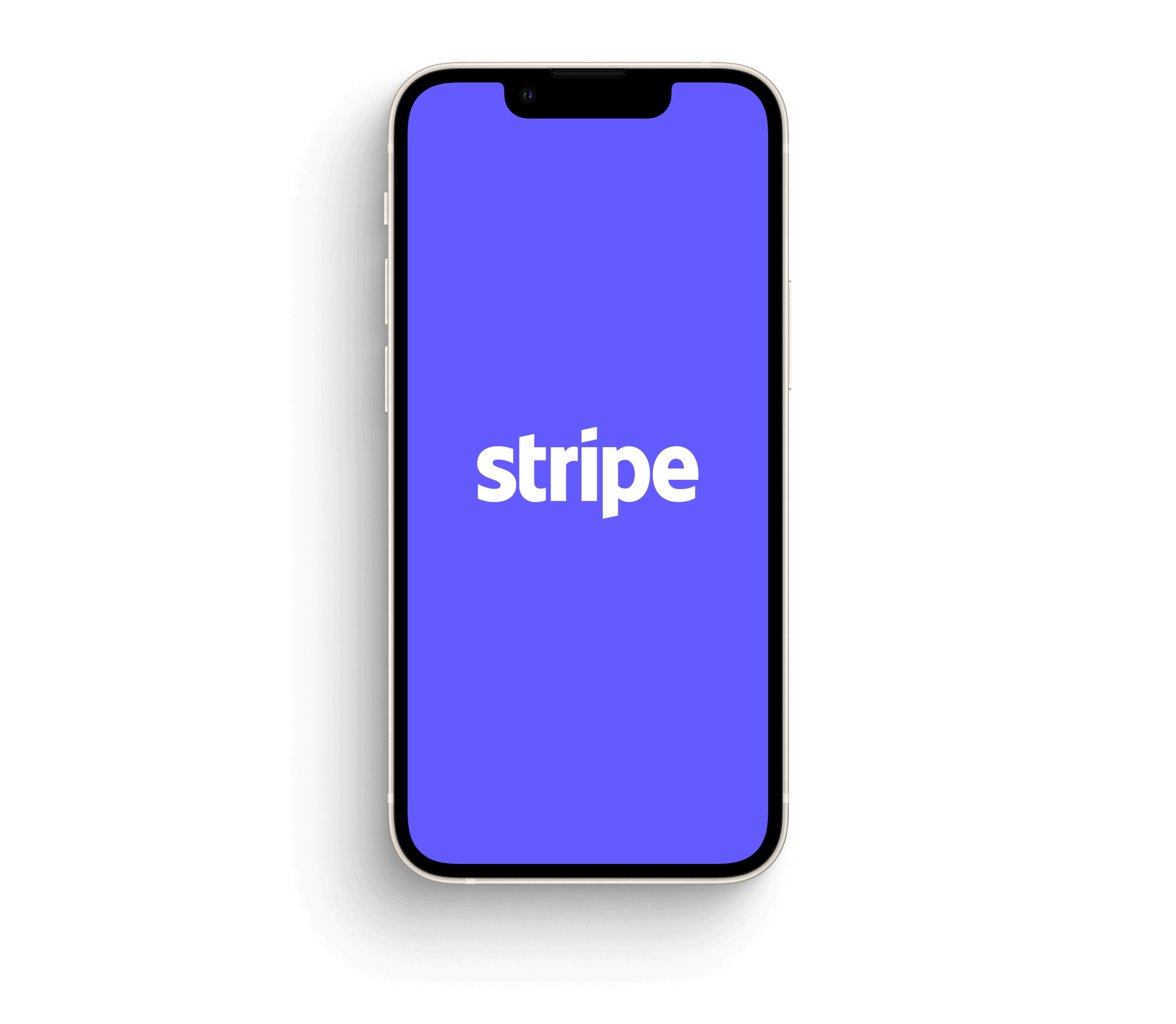 Phone displaying Stripe logo on a purple background, angled slightly with shadow.