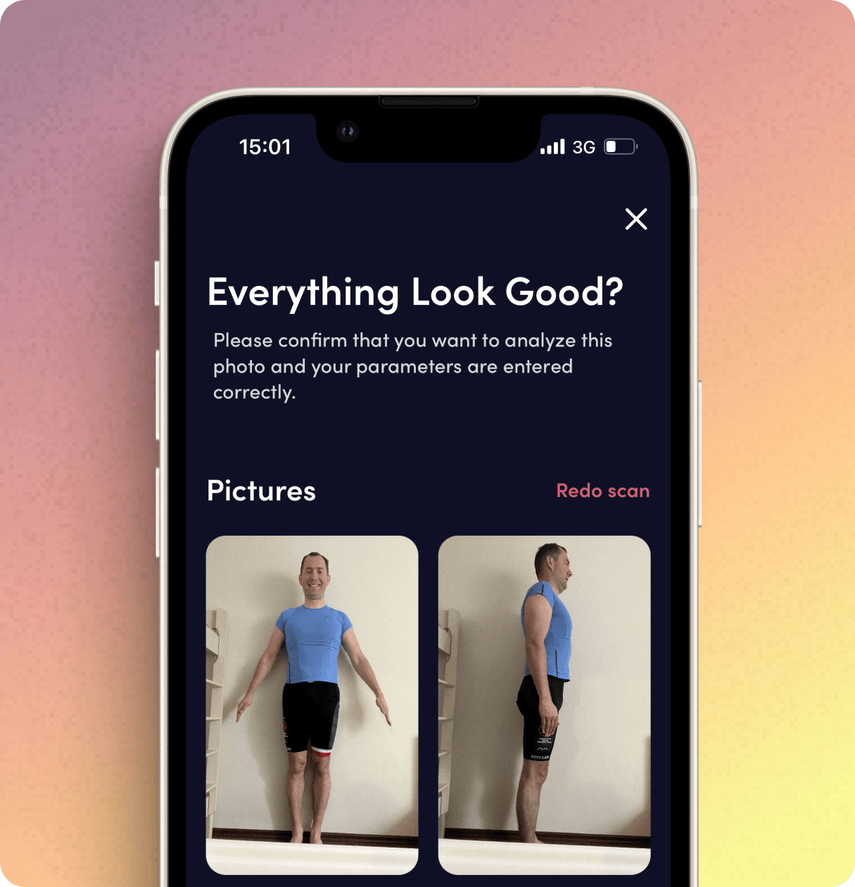 A fitness app screen asks users to confirm body scan photos and parameters before analysis, showing front and side images.