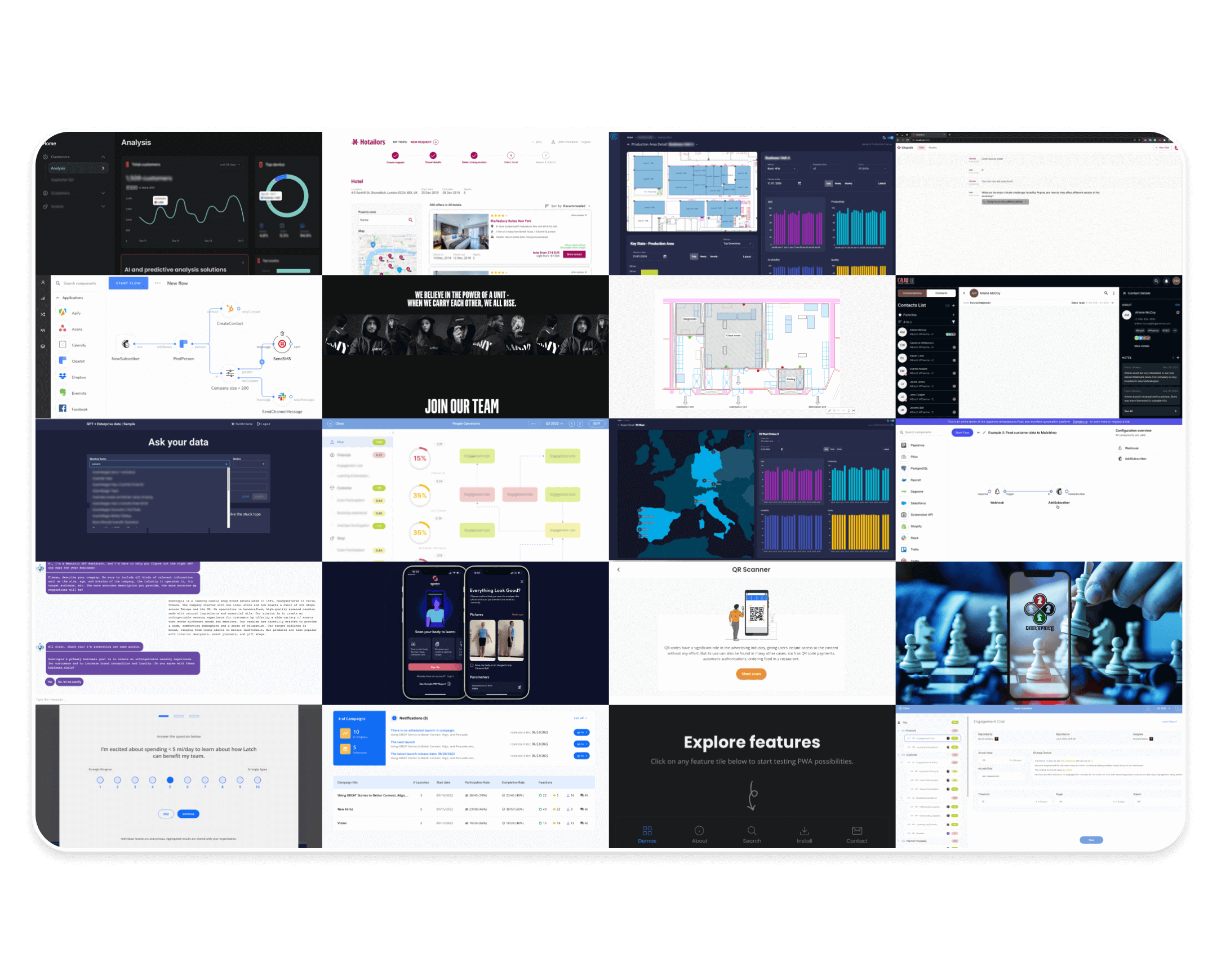 A collection of modern user interfaces showcasing data analytics, maps, project workflows, recruitment, and mobile app designs.