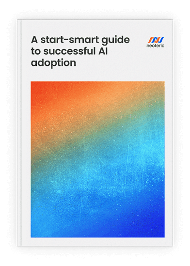 Neoteric report cover titled 'A start-smart guide to successful AI adoption' – a practical guide for companies implementing artificial intelligence and machine learning solutions in business.