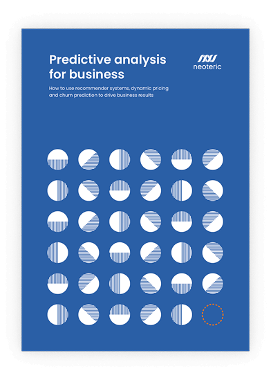 Neoteric report cover titled 'Predictive analysis for business' explaining how to use AI-driven recommender systems, dynamic pricing, and churn prediction to improve business performance – predictive analytics in software development.