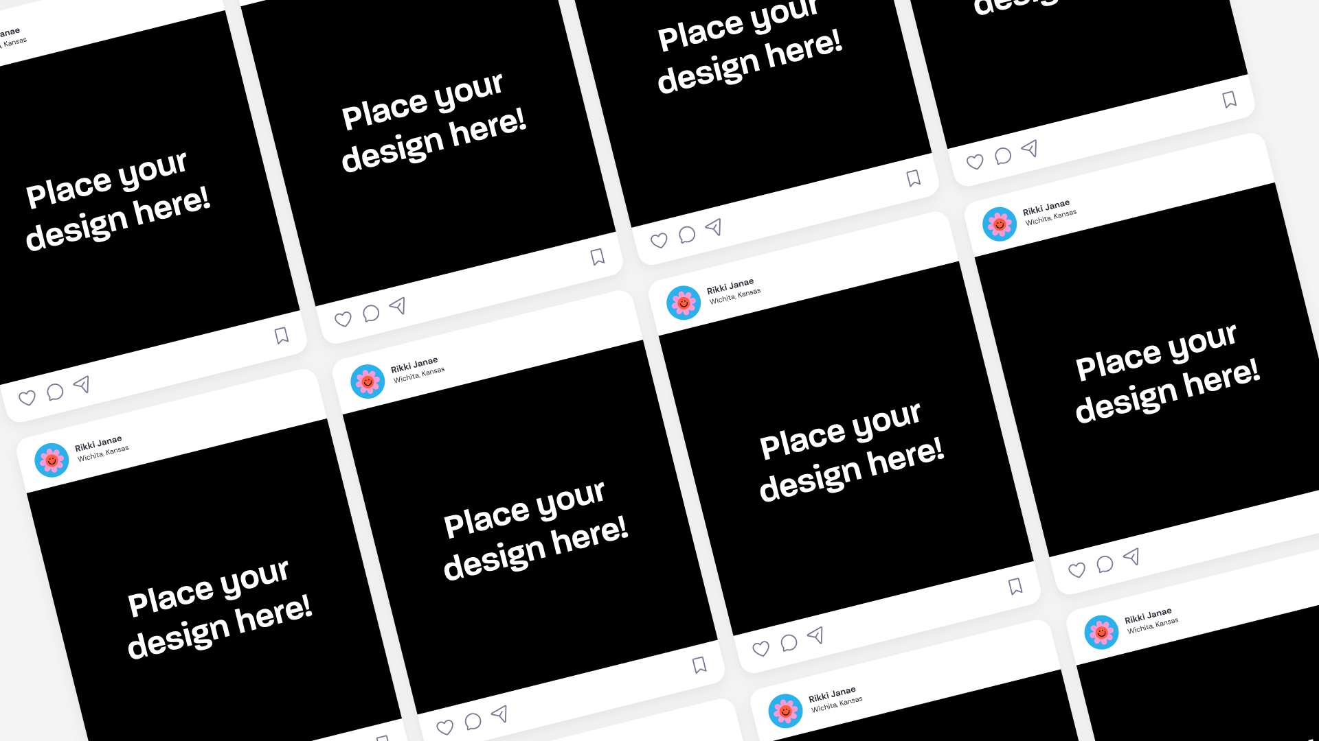 Instagram post mockup grid with placeholders saying 'Place your design here!' – social media design template for digital marketing and app UI presentation by Neoteric.