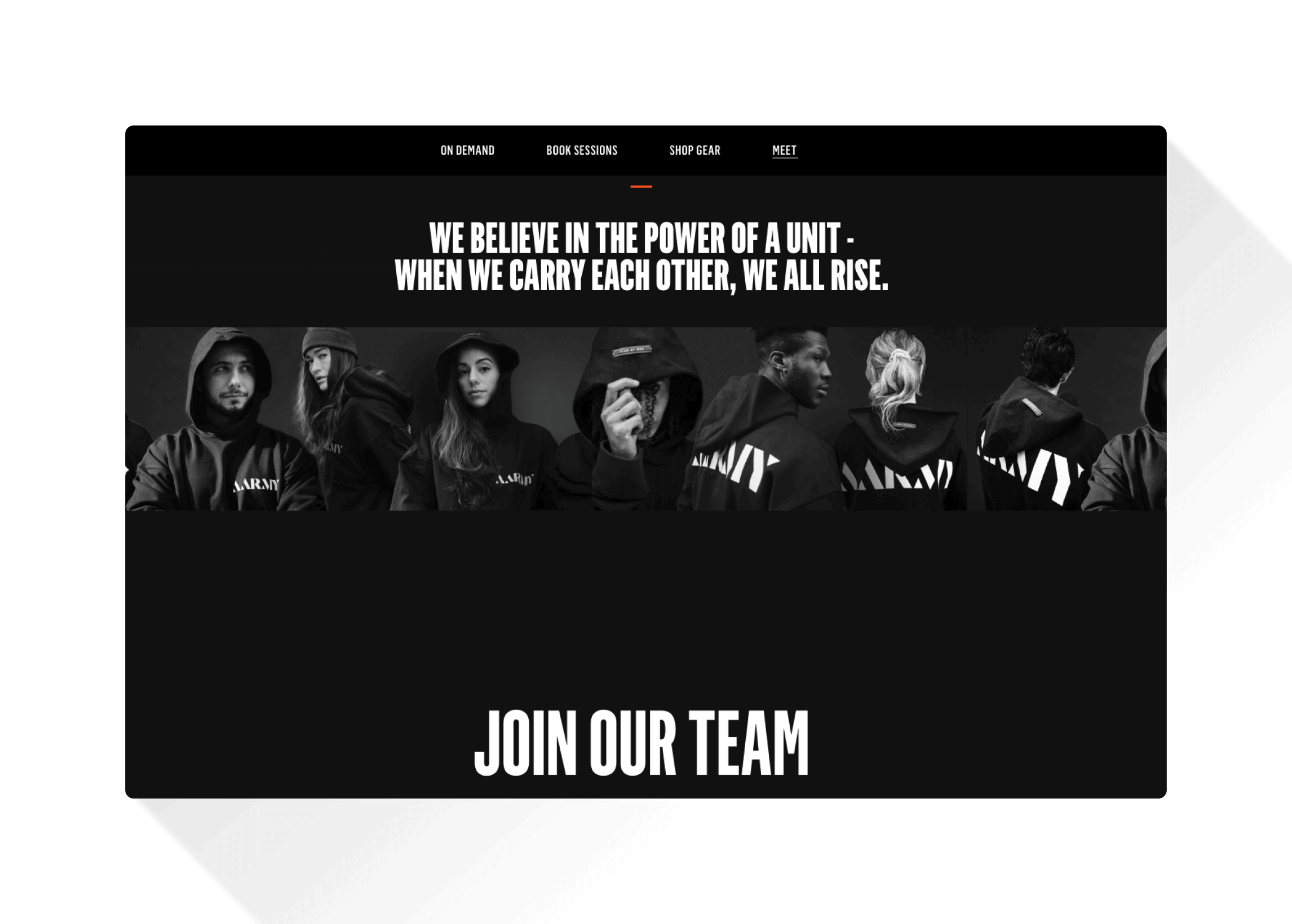 Group of people wearing black hoodies with 'ARMY' lettering, promoting teamwork with the slogan 'We believe in the power of a unit – when we carry each other, we all rise.'