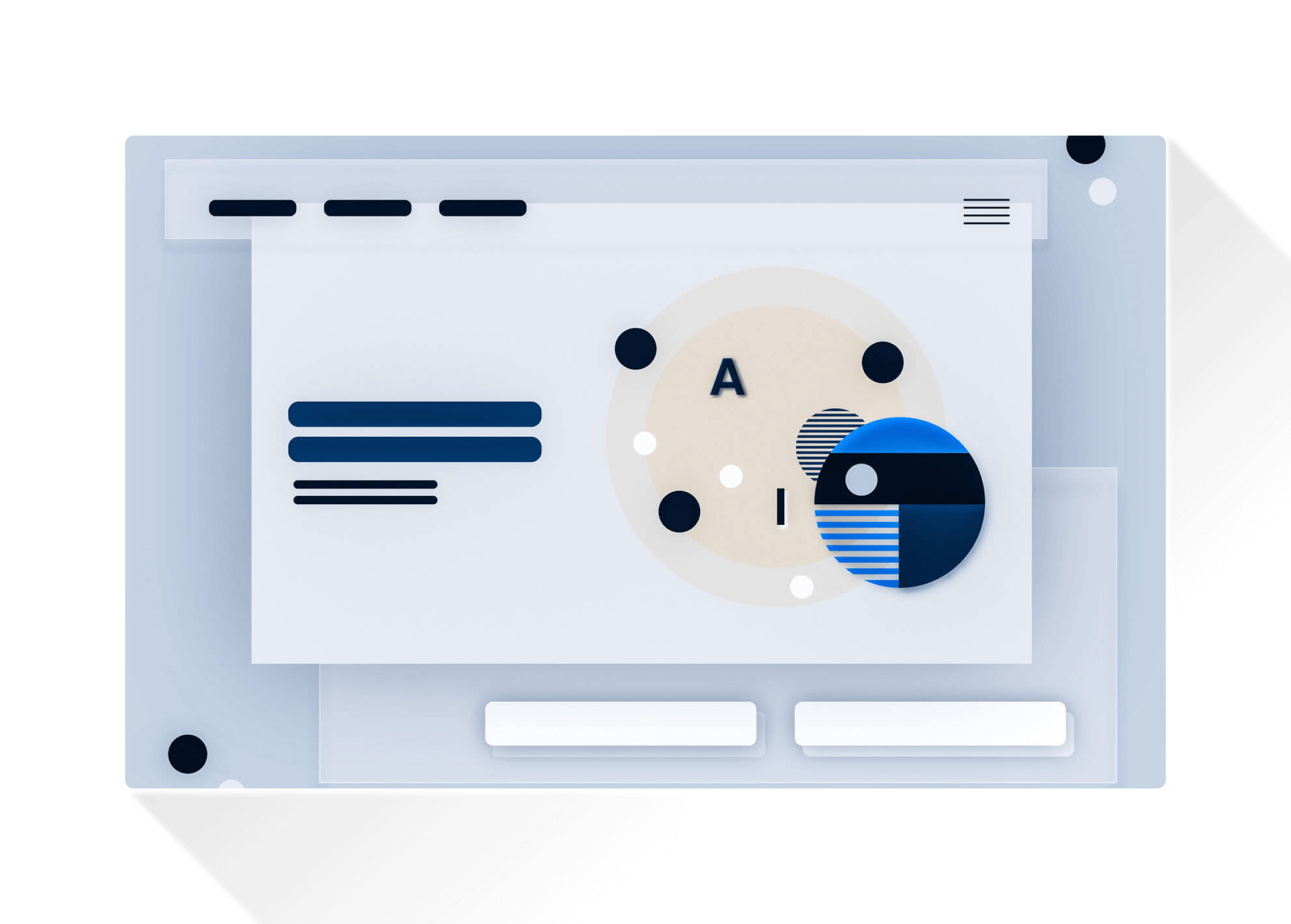 Abstract AI-themed illustration with geometric shapes and interface elements in blue and beige tones.