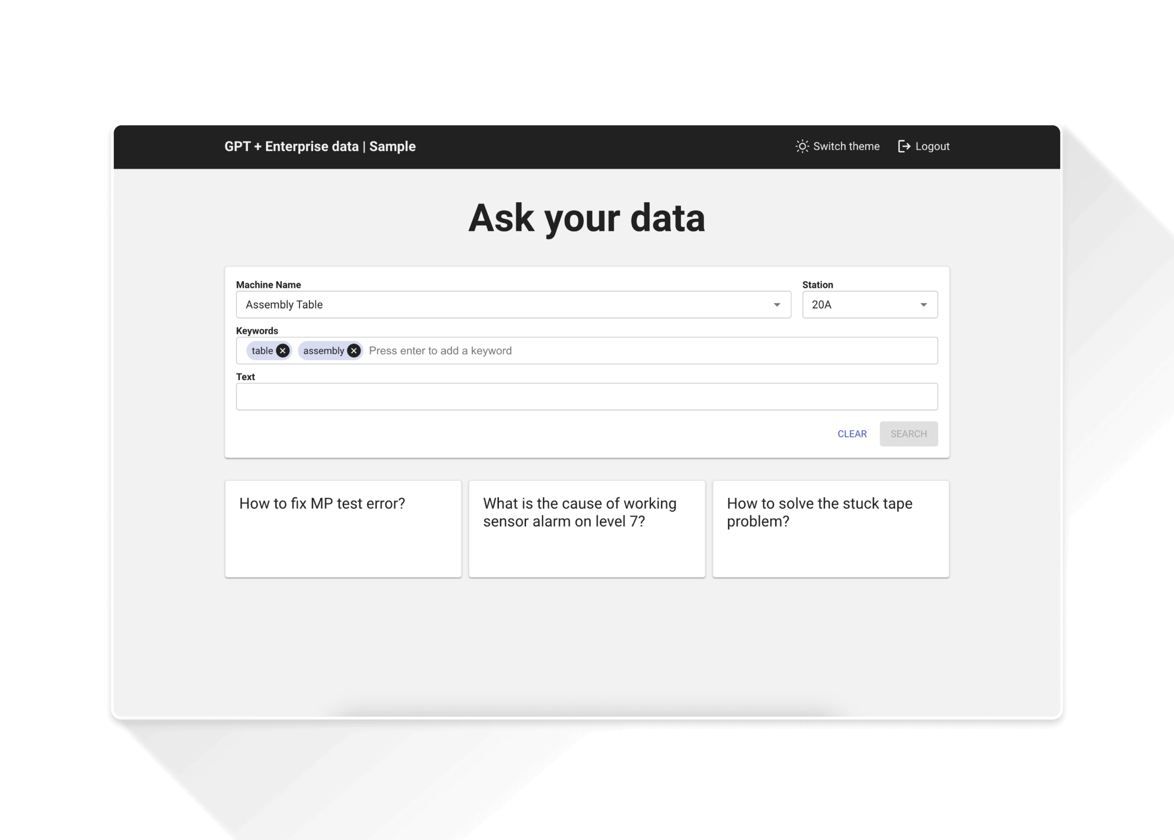 AI-powered dashboard titled 'Ask your data' with input fields for machine name, station, and keywords, displaying sample troubleshooting questions.