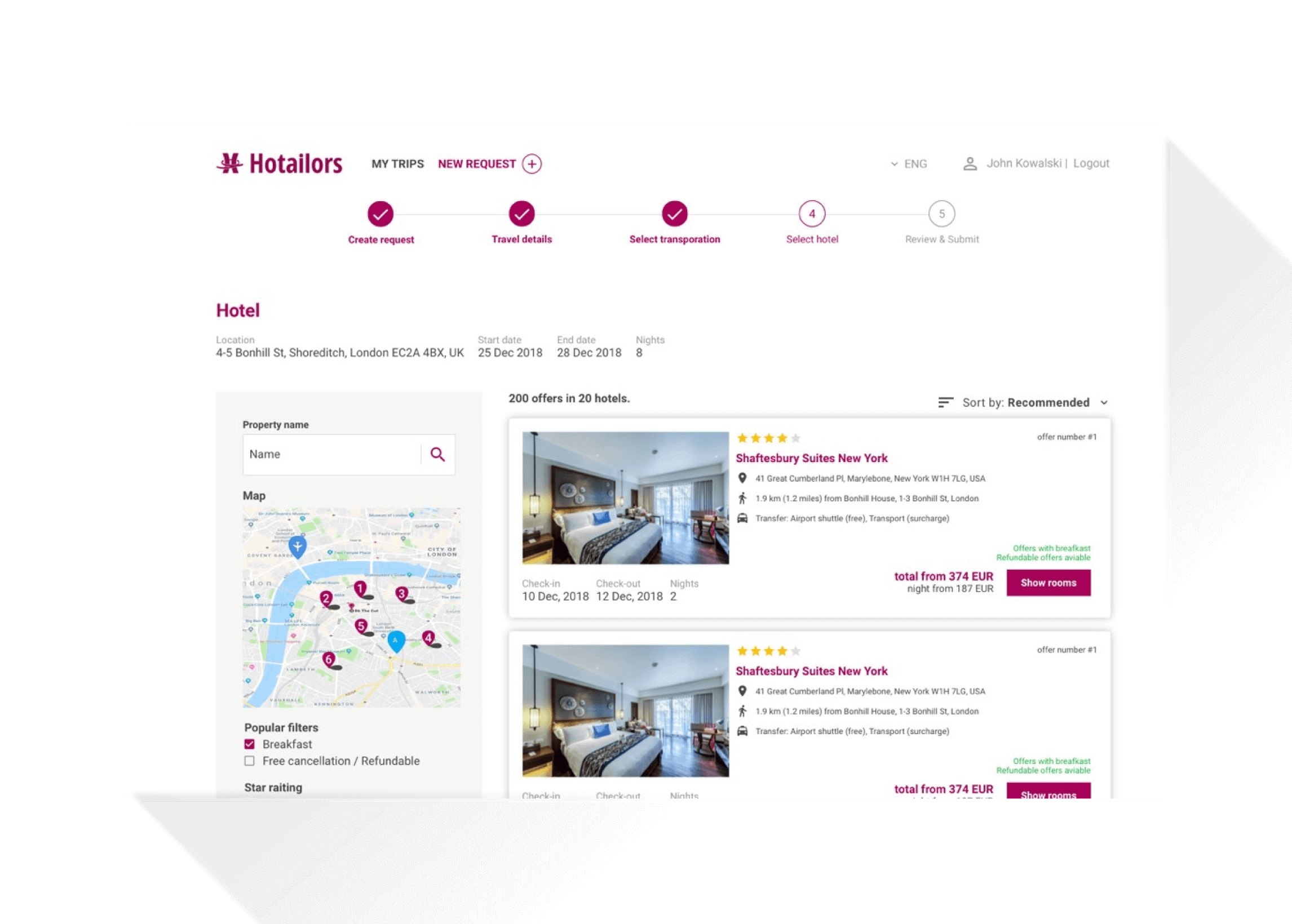 Hotel booking platform interface showing search results with hotel details, map, and room options.