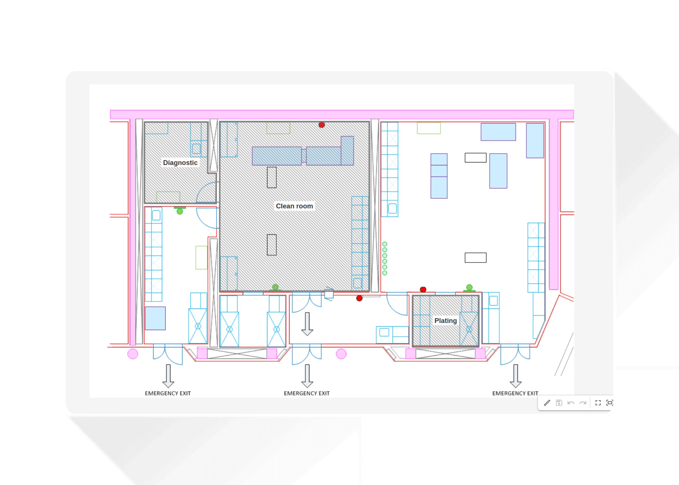 Factory floor plan showing diagnostic area, clean room, plating section, and marked emergency exits.