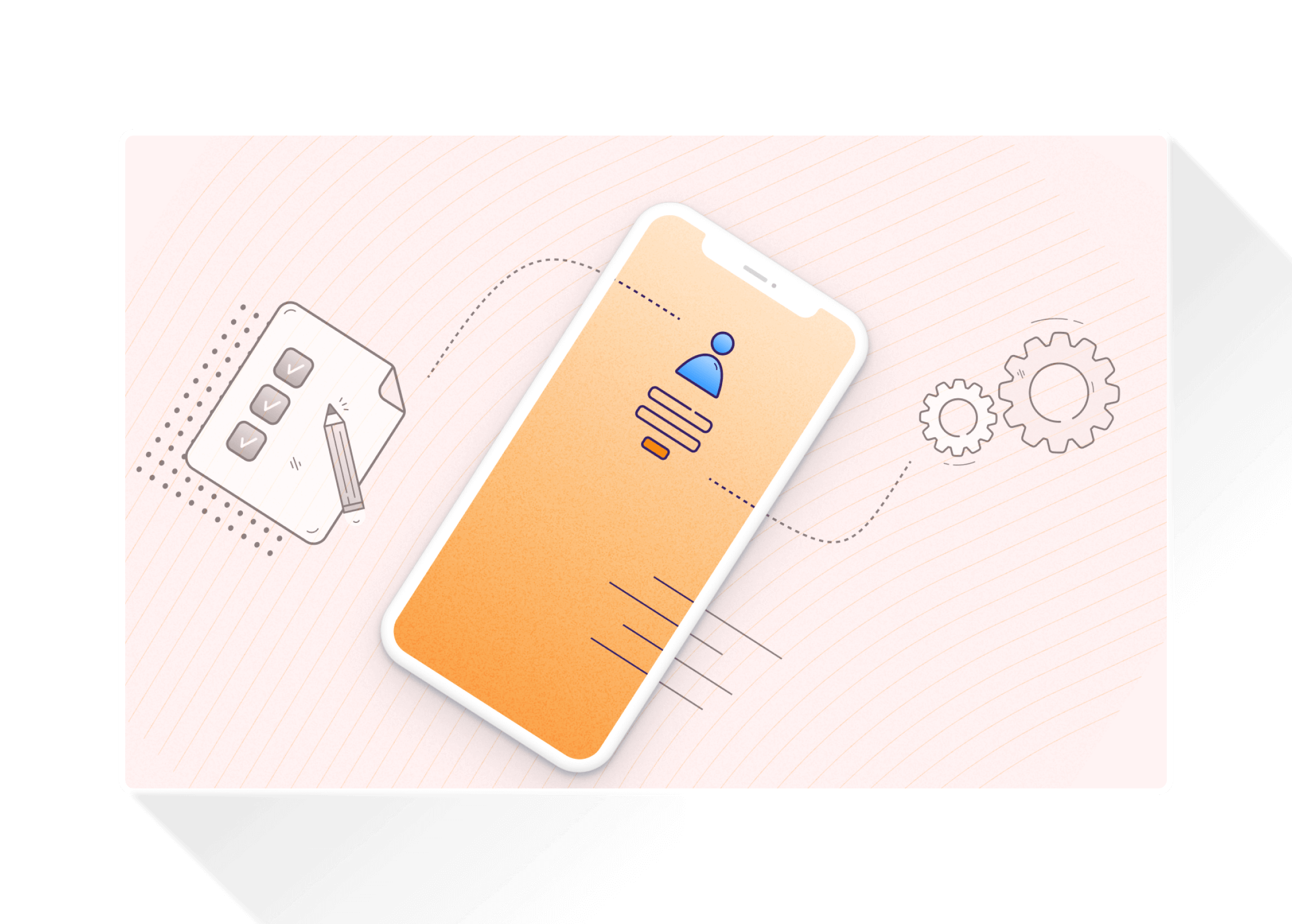 Illustration of a smartphone with an onboarding app screen, connected to icons of a checklist and gears representing setup and automation.