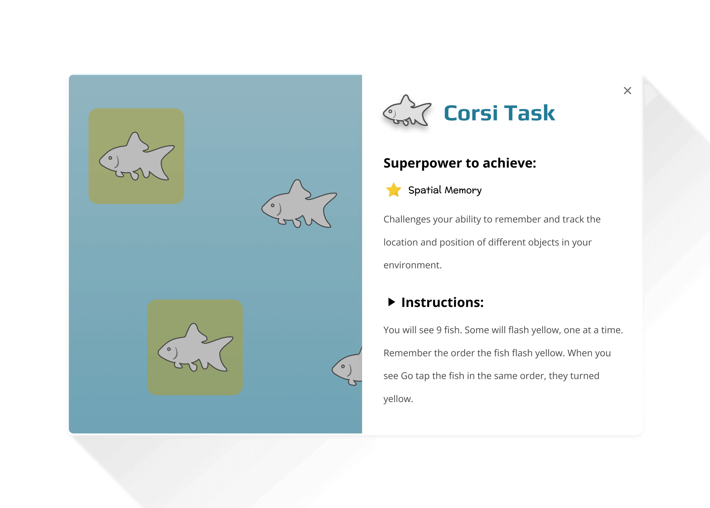 Corsi Task game interface displaying fish icons used to test spatial memory through sequence recognition.