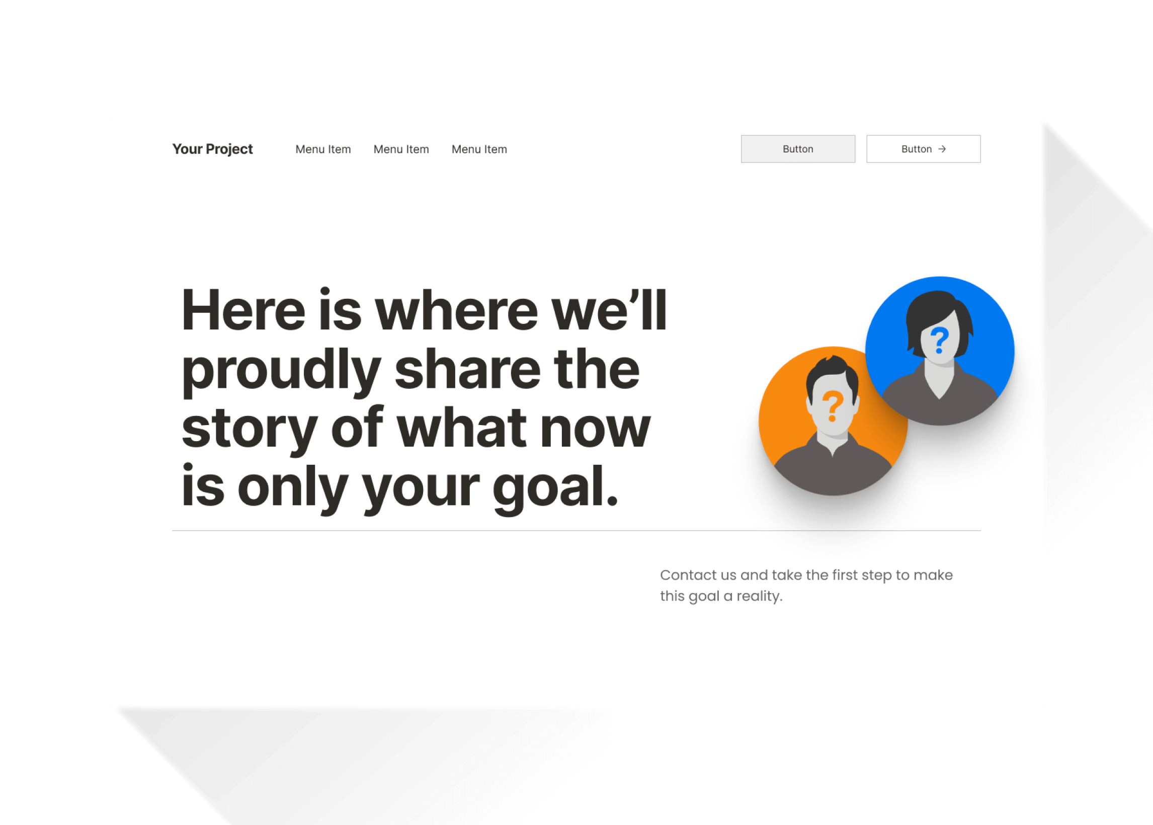 Website mockup with placeholder text about sharing project success stories and illustrated avatars with question marks.