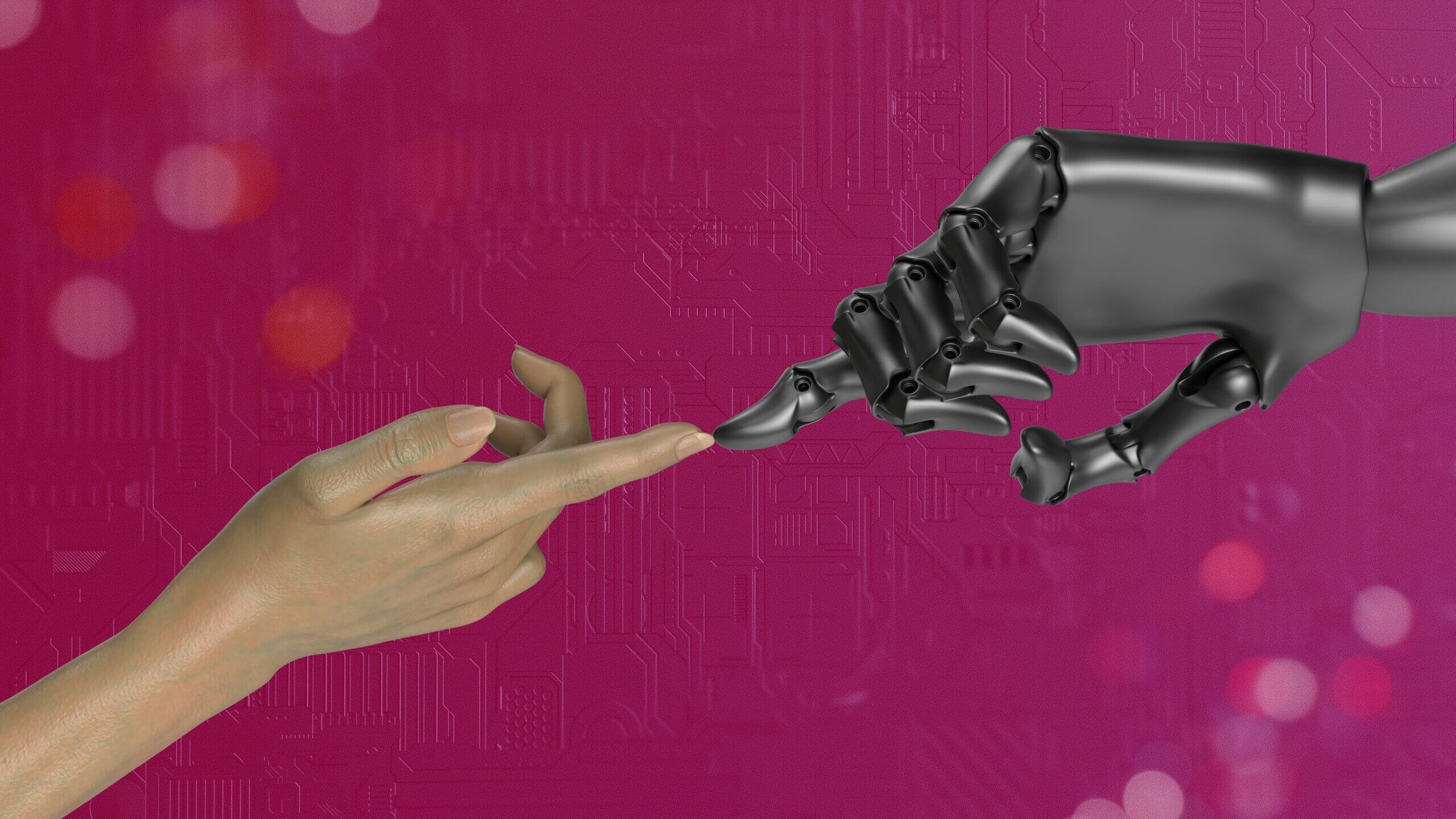 A human hand reaching out to touch a robotic hand against a pink background, symbolizing human-GPT-5 collaboration.