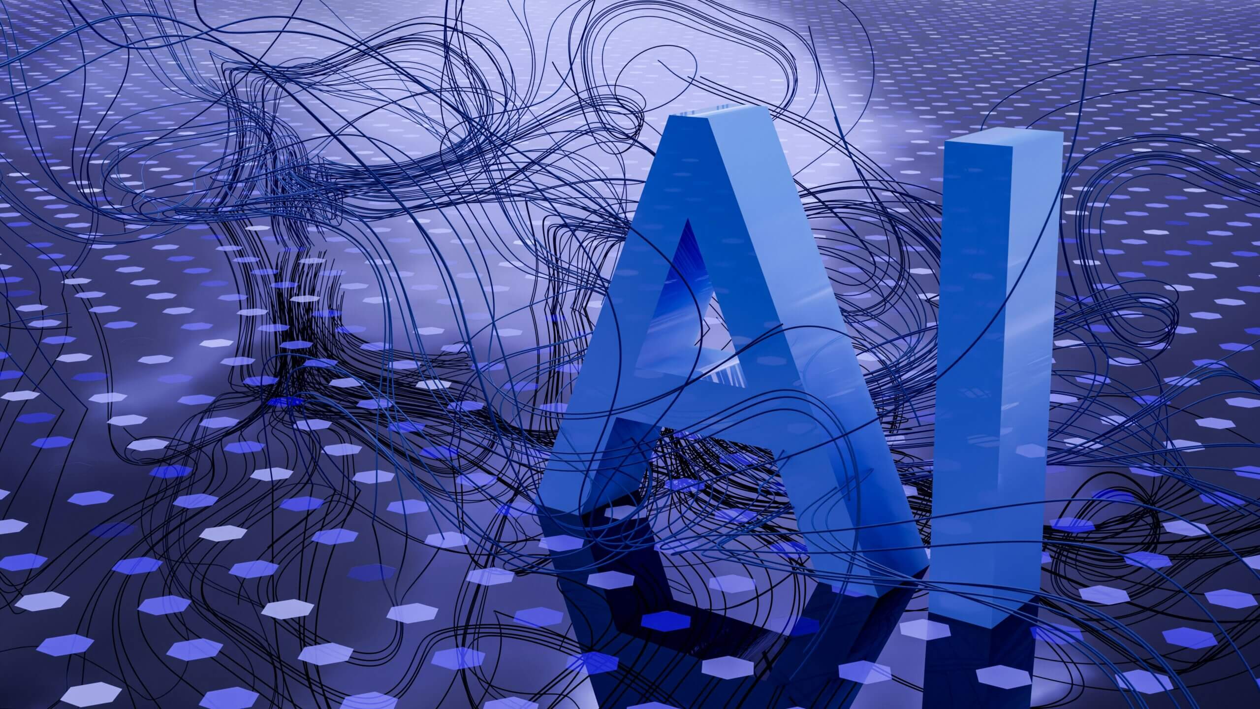 3D letters “AI” surrounded by digital data streams and network lines, symbolizing innovation and connectivity in an AI development company.