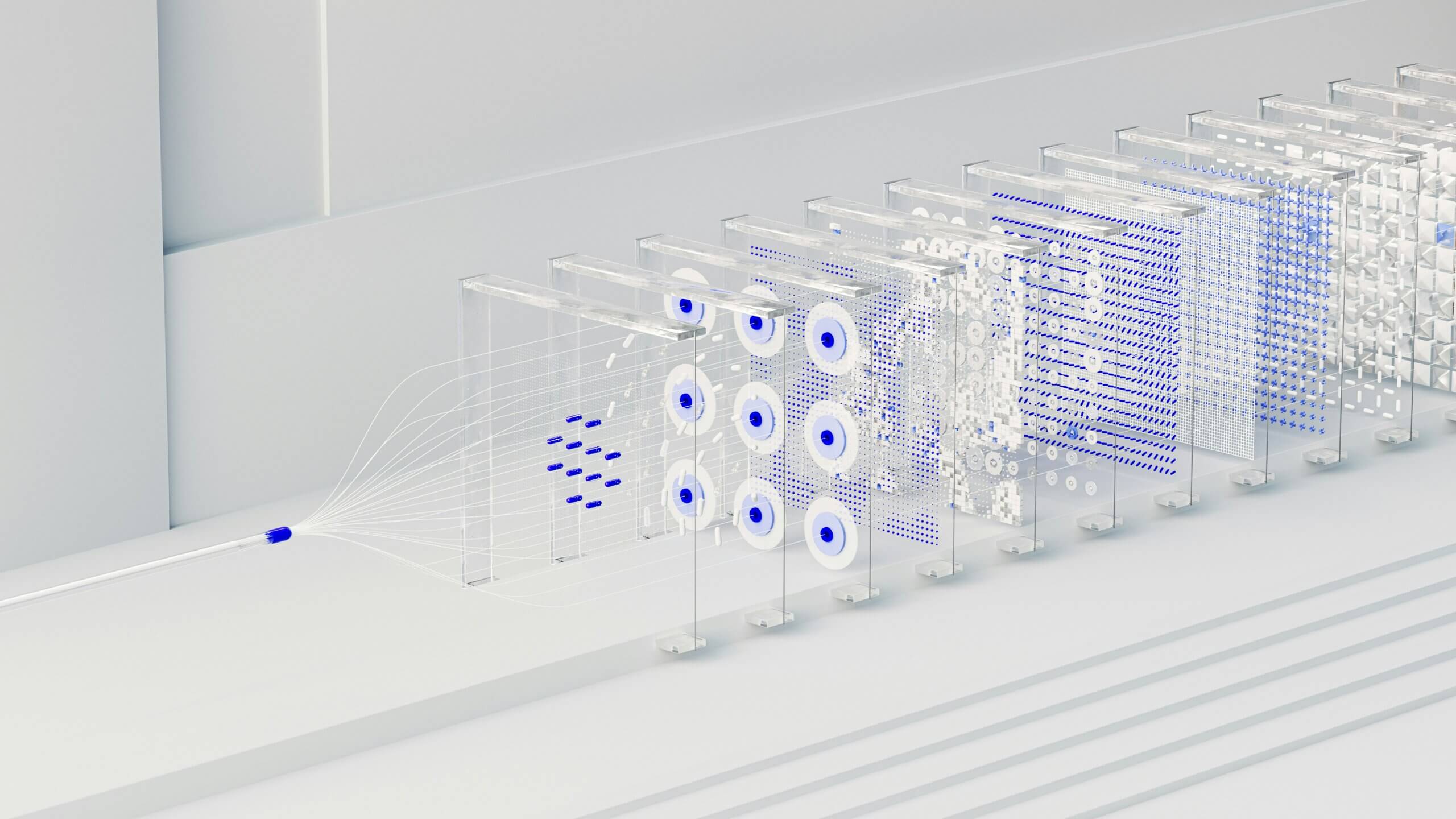 AI Assistants data pipeline visualization with transparent processing layers, symbolizing enterprise knowledge orchestration, structured retrieval, and reliable AI-powered answers.