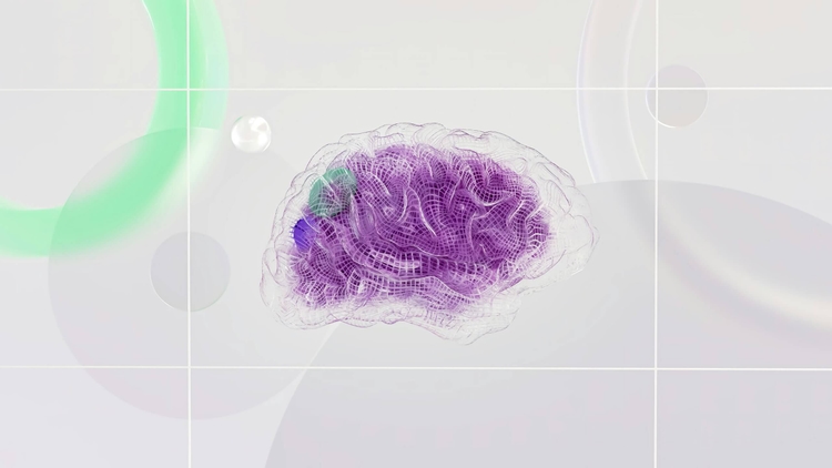 Wireframe model of a human brain on a structured grid background, symbolizing the cognitive engine behind an AI implementation that requires well-organized internal data.