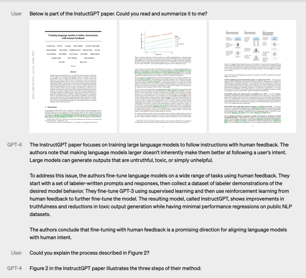 Example of GPT-4 processing visual input (pixels to paper summary) - gpt 3 vs. gpt 4 models comparison