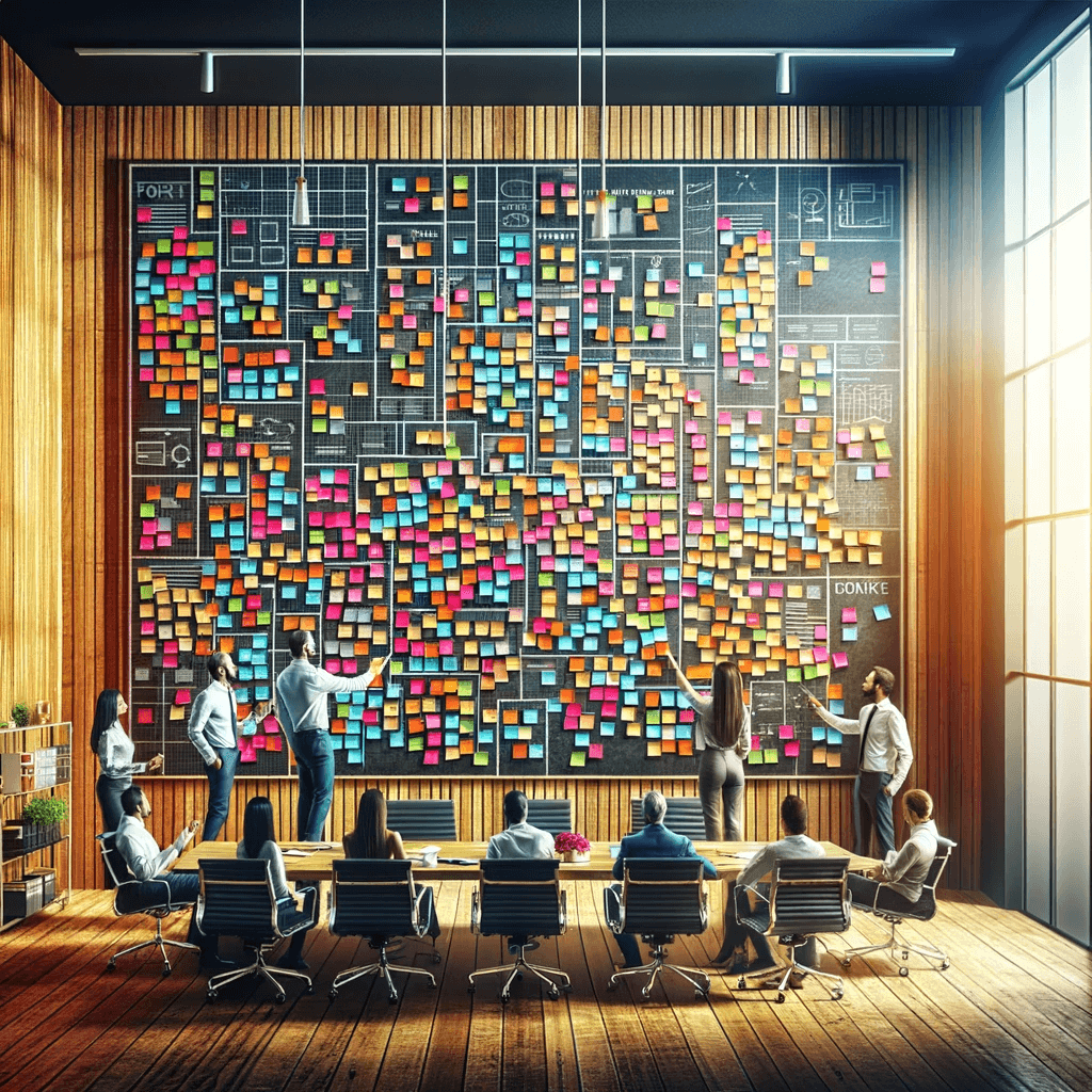 A team working on a giant backlog of tasks – a symbol of a detailed project blueprint