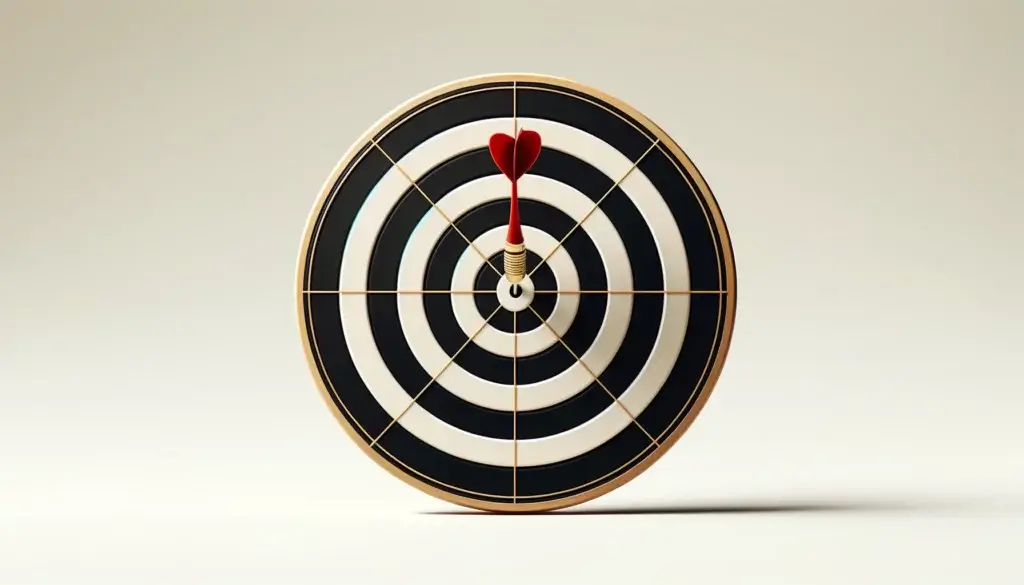 a dart board with a dart perfeclty hitting the bullseye