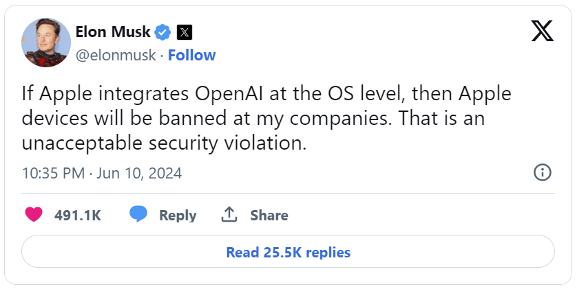 Tweet of @ekonmusk: If Apple integrates OpenAI at the OS level, then Apple devices will be banned at my companies. That is an unacceptable security violation.