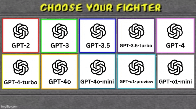 Choose your fighter screen inspired by games like Mortal Combat, where fighters are different OpenAI models