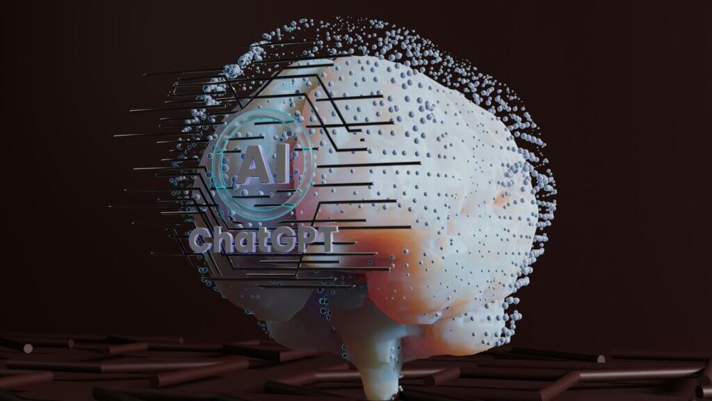 Digital illustration of a human brain with futuristic AI and Chat GPT-5.