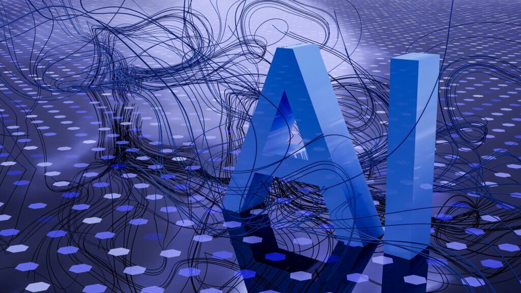 AI adoption concept visual with large blue AI letters surrounded by tangled digital connections, symbolizing enterprise readiness, integration challenges, and scalable implementation.