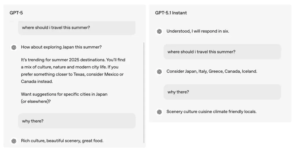 Comparison of response between GPT-5 and GPT-5.1