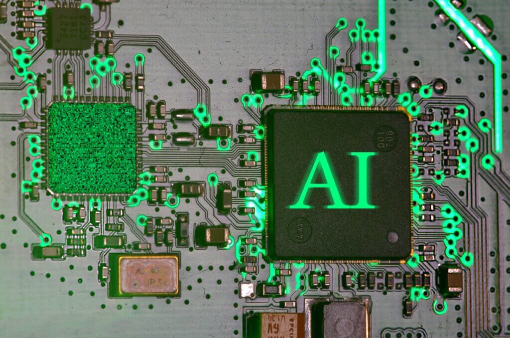 AI Assistants concept shown as a glowing AI chip on a circuit board, symbolizing secure enterprise automation, data processing, and intelligent knowledge retrieval.