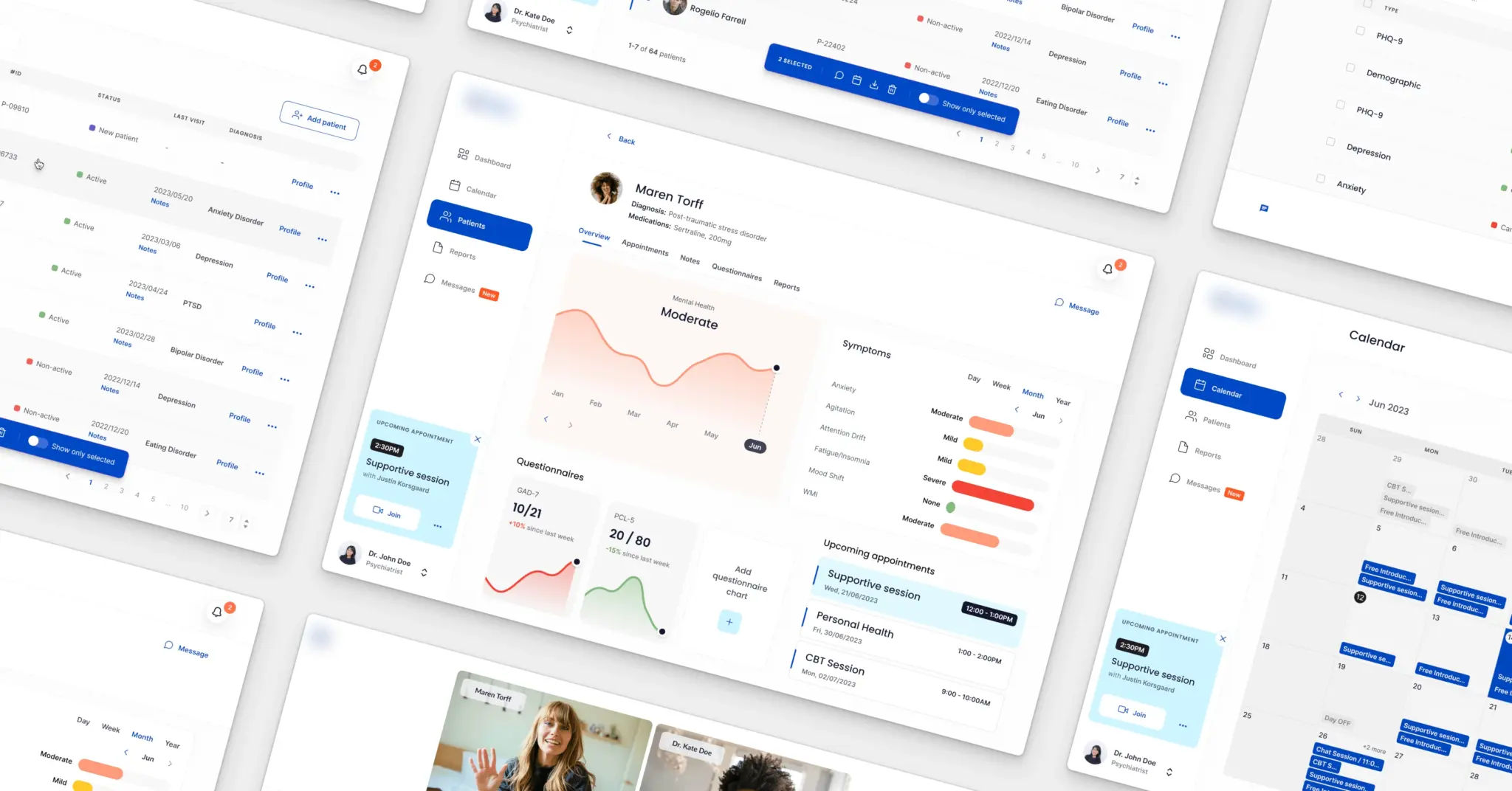 Patient dashboards, questionnaires, and scheduling screens from our mental health platform project