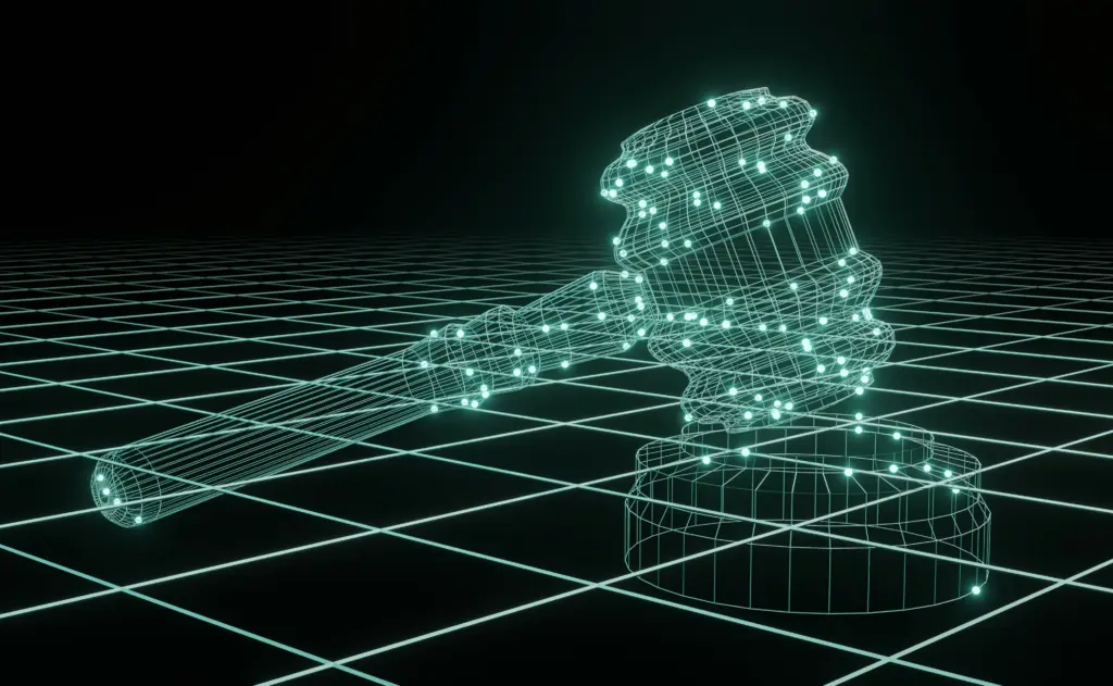 Digital gavel on a virtual grid representing AI Act enforcement and technology regulation